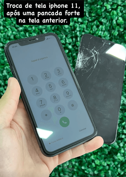 iPhone 11 recuperado após uma pancada forte 💥 Troca de tela realizada com qualidade e rapidez 🚀